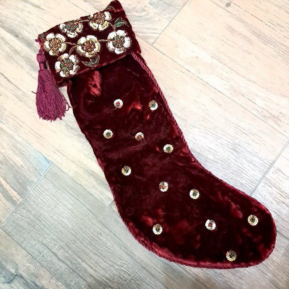 Sudha‎ Beaded Christmas Stocking Red Gold crushed Velvet Tassels floral sequins